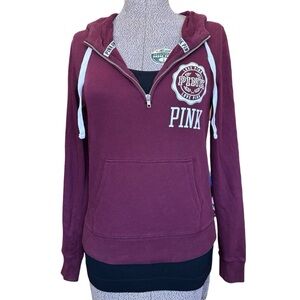 Victoria’s Secret PINK Hoodie Burgundy 1/4 Zip Love Pink Pullover Top Size Small